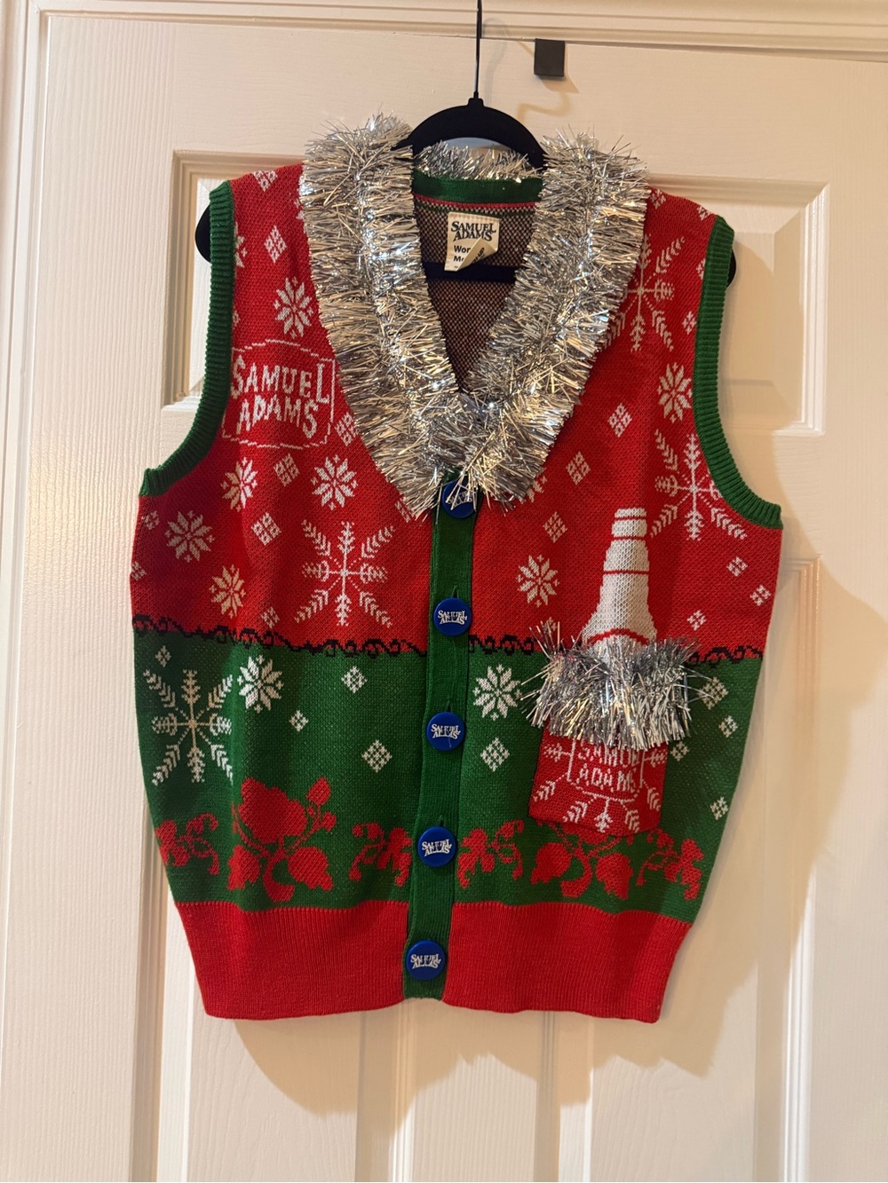 Women’s Samuel Adam’s Red & Green Christmas Sweater Vest with Tinsel
